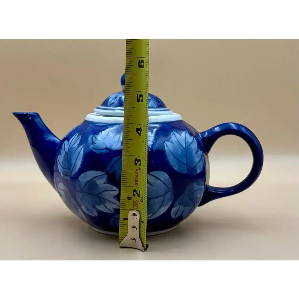 DesignPac Cobalt Blue Leaf 3-Pc Tea Set Teapot Sugar Bowl Creamer China